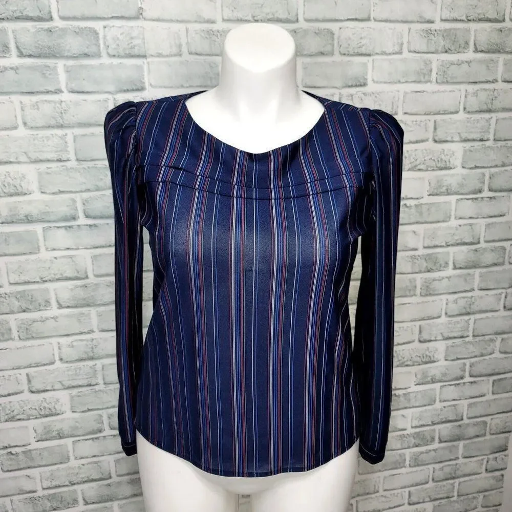 Vintage 70 Sally Petite Womens L Navy Sheer Striped Bateau Neck Blouse Secretary